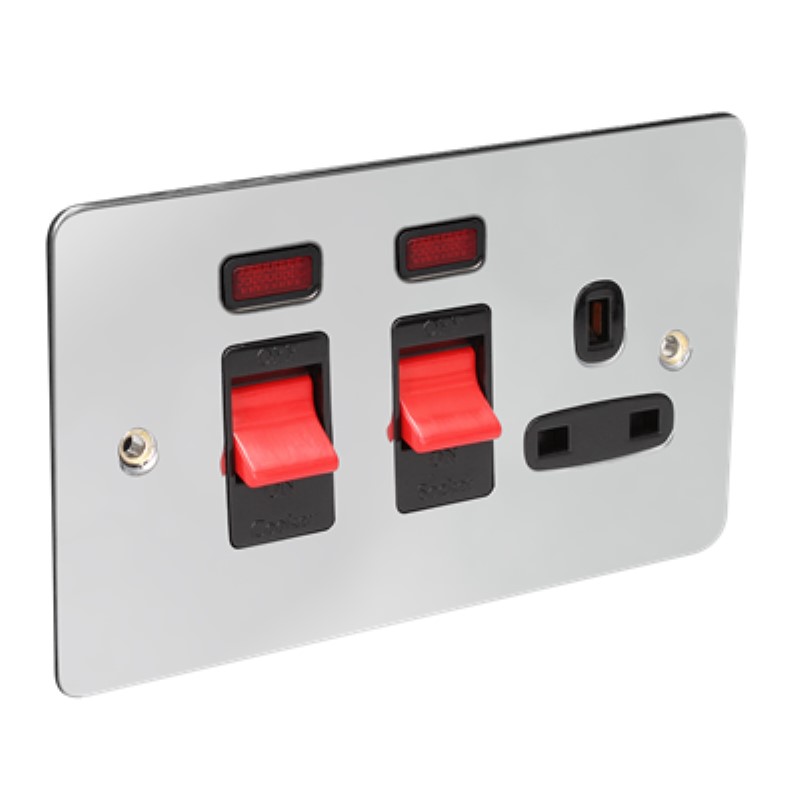 Flat Plate 45A Cooker Switch Plus Socket with Neon *Chrome/Black